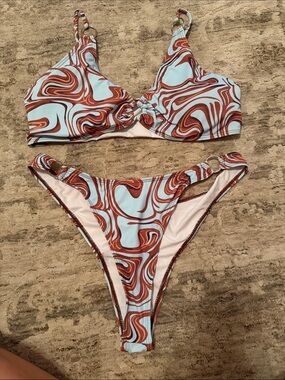 Swirl Print Light Blue & Rust Two-Piece Bikini